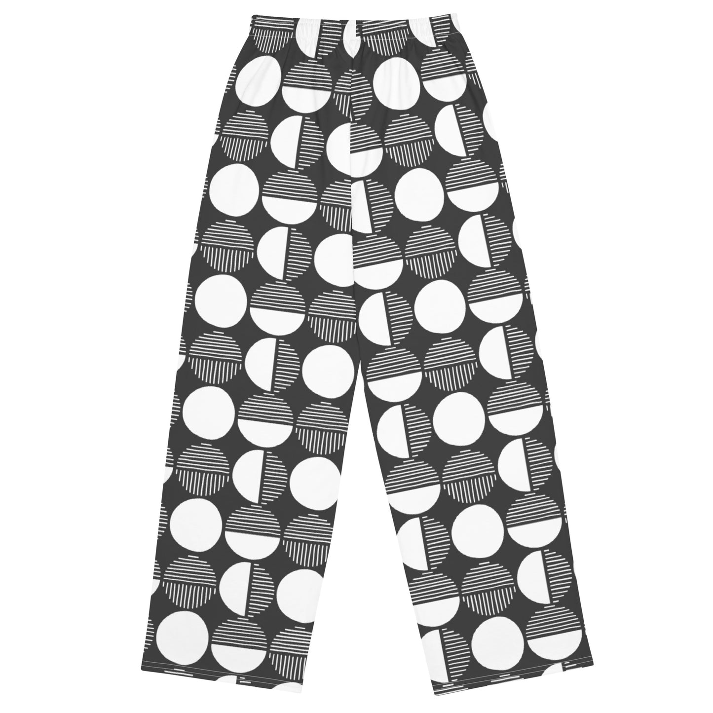 Black pants with white geometric pattern on a white background