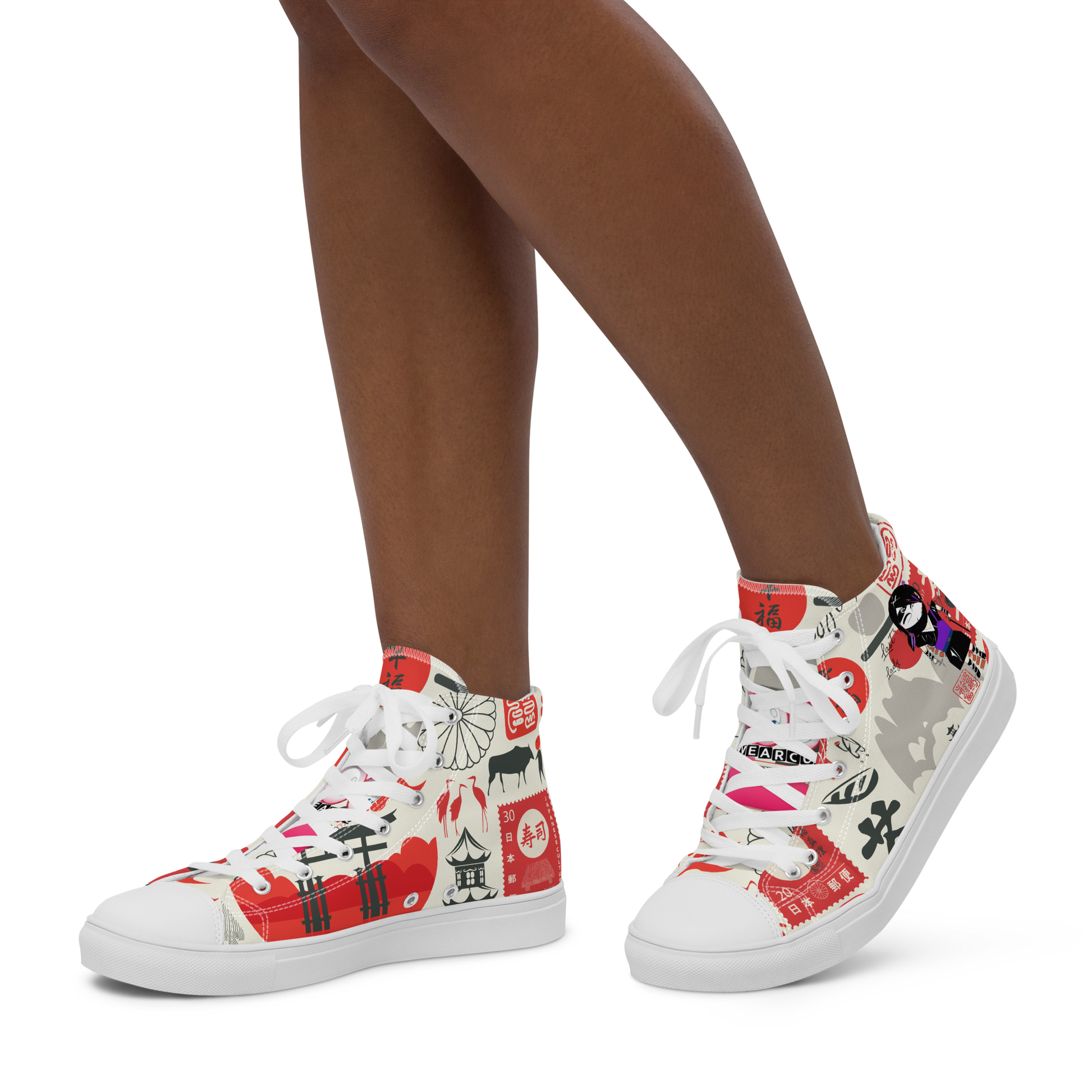 Colorful high-top sneakers with a lady ninja and the other Japanese iconic graphic design, featuring text labels 'Funwearcode', worn by a person on a white background