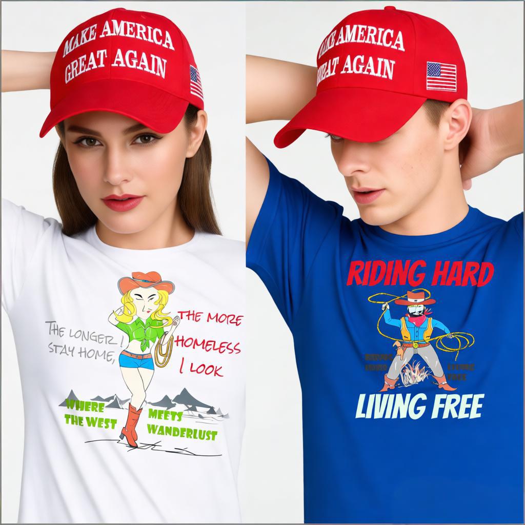 Two people wearing red 'Make America Great Again' hats with t-shirts featuring cowboy and cowgirl graphic designs.