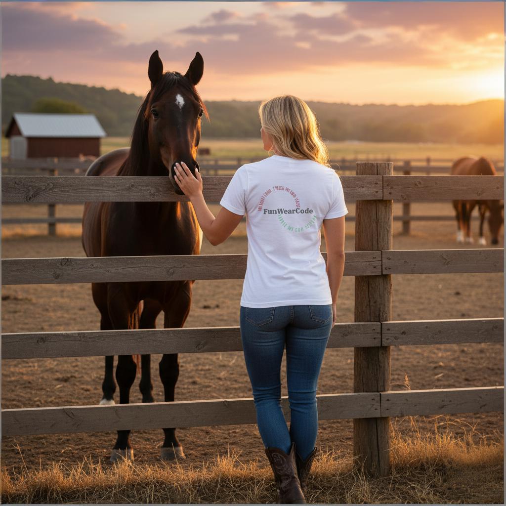 Woman petting a horse behind a wooden fence at sunset.