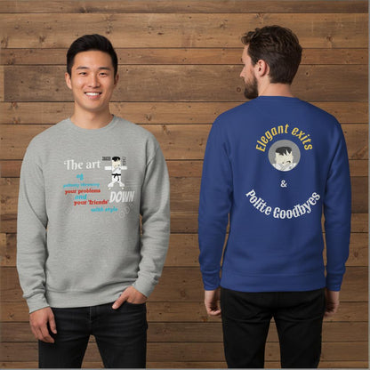 Two people wearing gray and blue sweatshirts with colorful text and judo graphics together with a 'FUN WEAR CODE' text logo against a wooden background