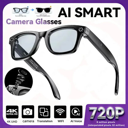 AI Smart Camera Glasses with features and specifications on a purple and white background
