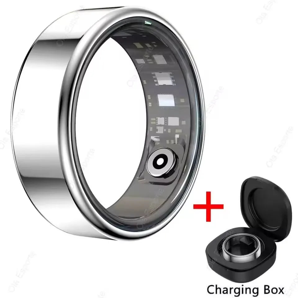 Smart ring with charging box on a white background