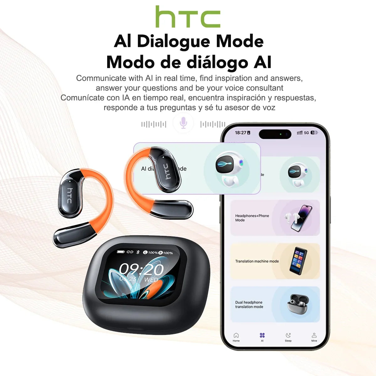 Écouteurs sans fil sport traducteur AI – Écran tactile LCD avec crochet lumineux | Sélection FunWearCode