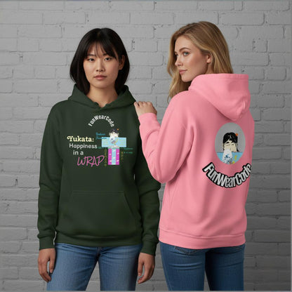 Two girls wearing hoodies with 'Fun Wear Code' branded yukata graphic design against a gray brick wall.
