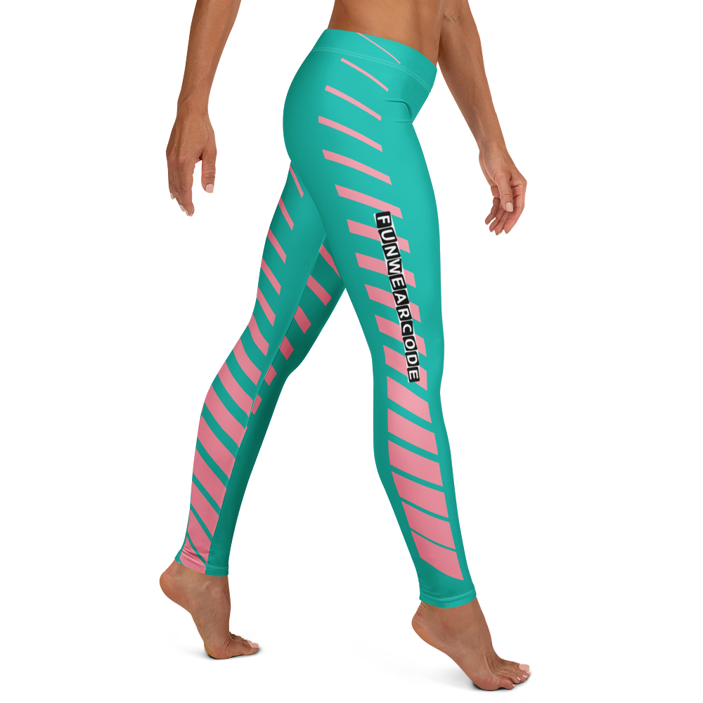 Teal and pink striped leggings with a brand logo "Funwearcode" on a white background