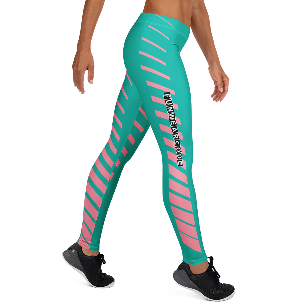 Teal and pink striped leggings with  "Funwearcode" branding on a white background