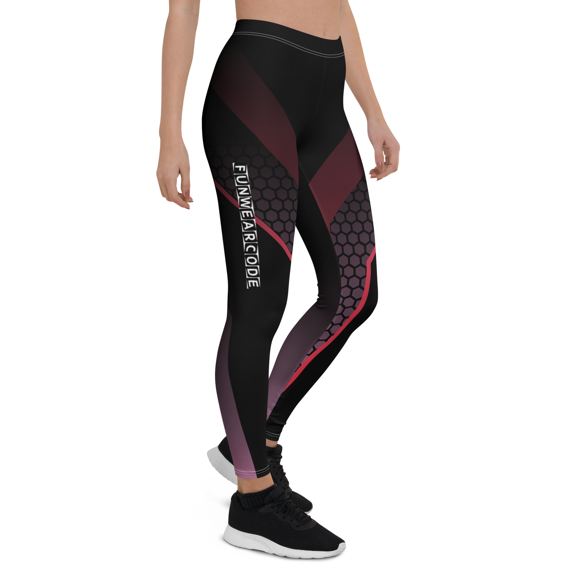 Black and red leggings with geometric pattern and 'Funwear Code' branding on a white background