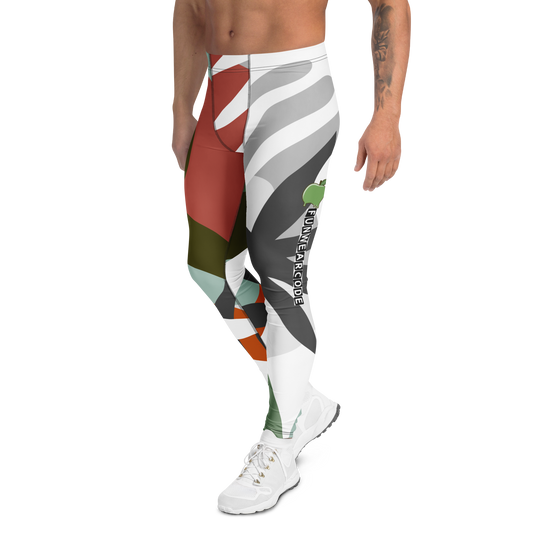 Colorful patterned leggings with a brand logo 'Funwearcode' worn by a person on a white background
