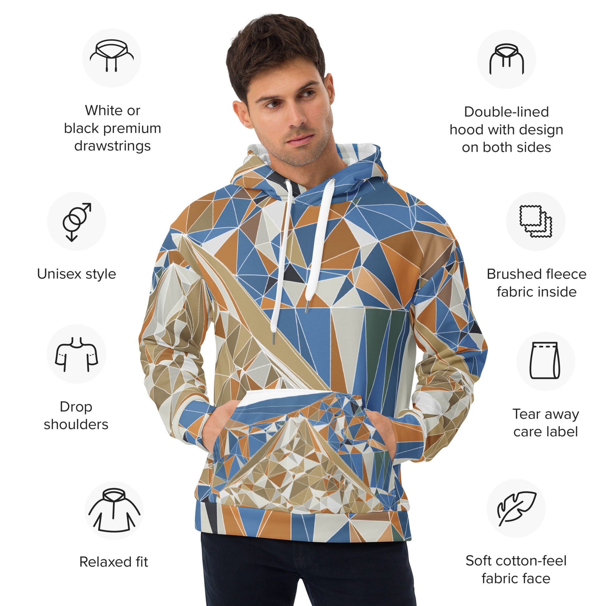 Man wearing a geometric Mount Fuji patterned hoodie with feature icons on a white background