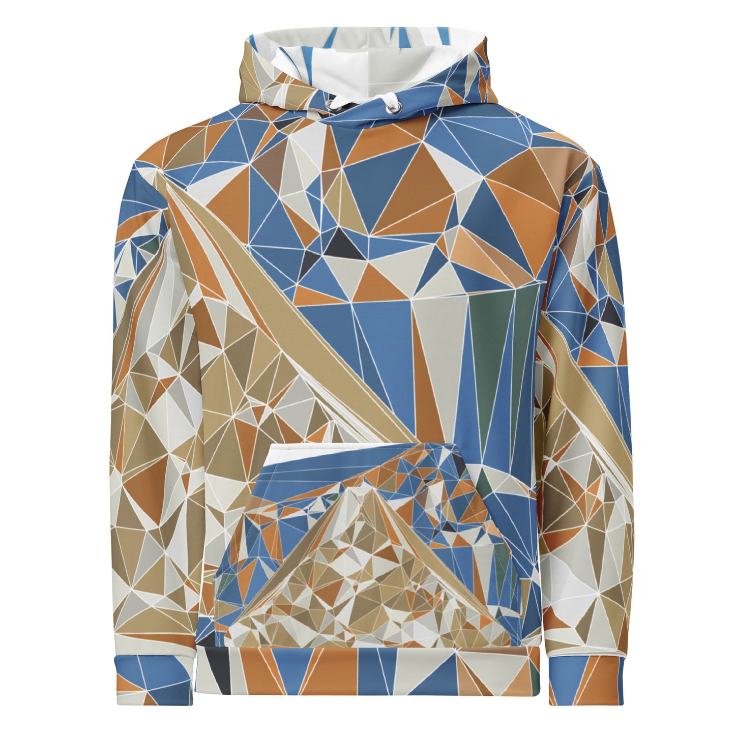 Hoodie with geometric Mount Fuji pattern on a white background