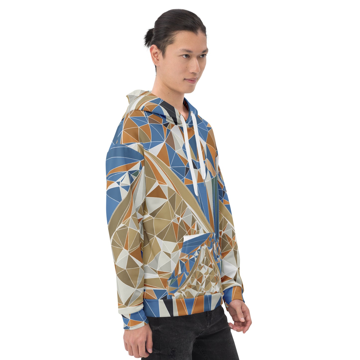 Person wearing a geometric patterned hoodie with Mount Fuji graphic on a white background