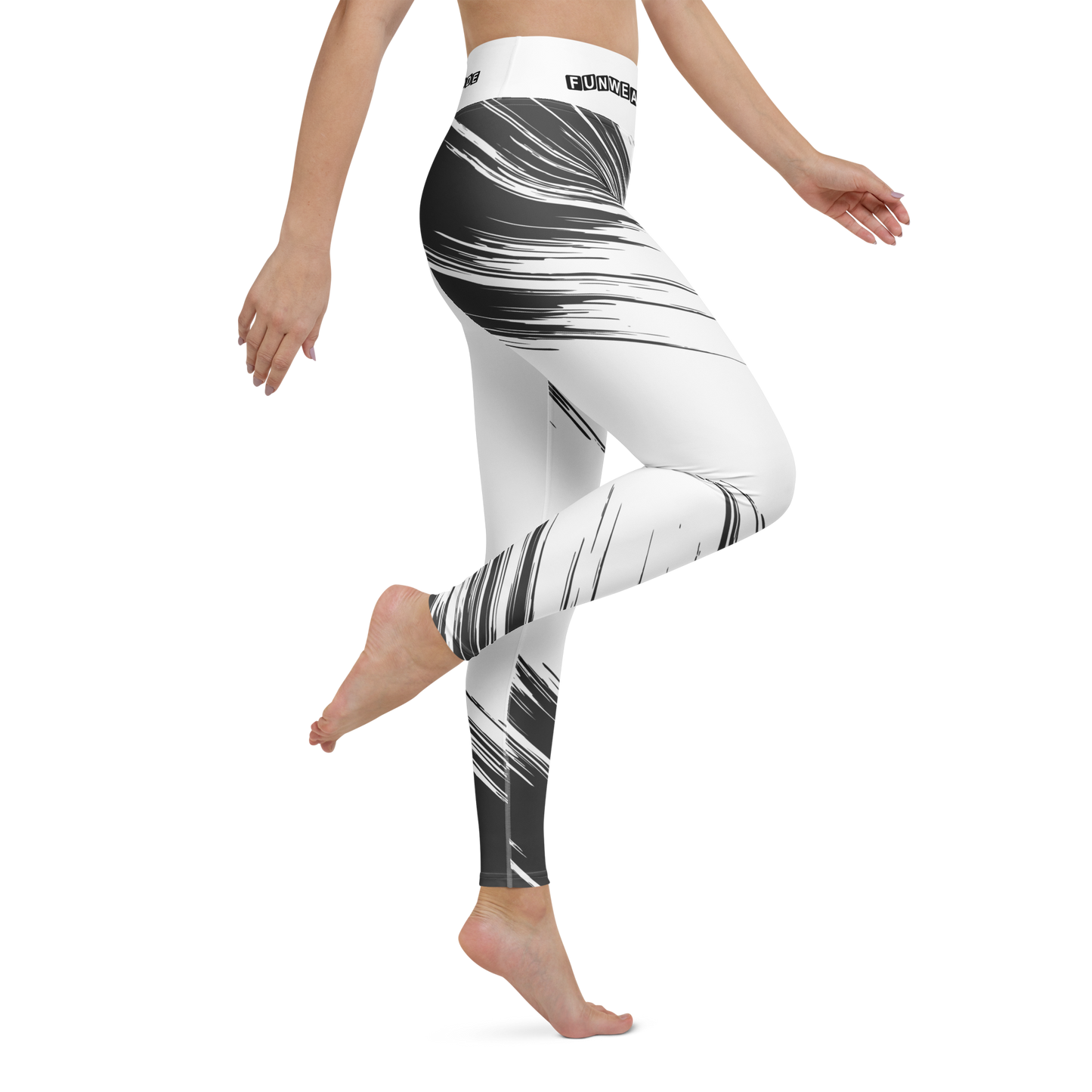 White leggings with black abstract pattern with waistband brand logo 'Funwearcode' worn by a person on a white background