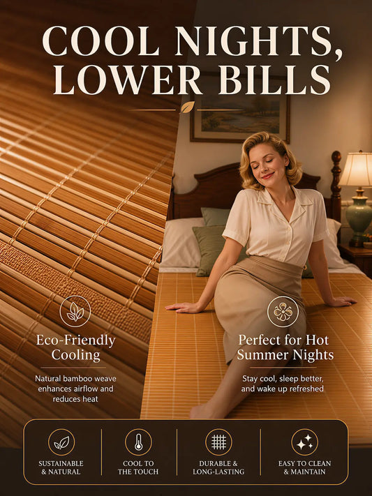 Woman sitting on a bamboo matress with text about eco-friendly cooling and energy savings.