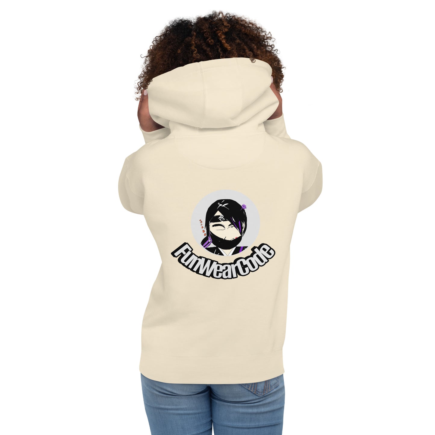 Person wearing a beige hoodie with a 'FunWearCode' text logo on the back, on a white background