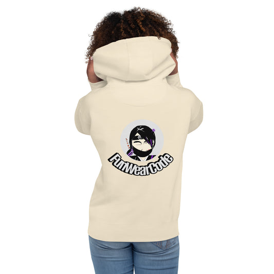 Person wearing a beige hoodie with a 'FunWearCode' text logo on the back, on a white background