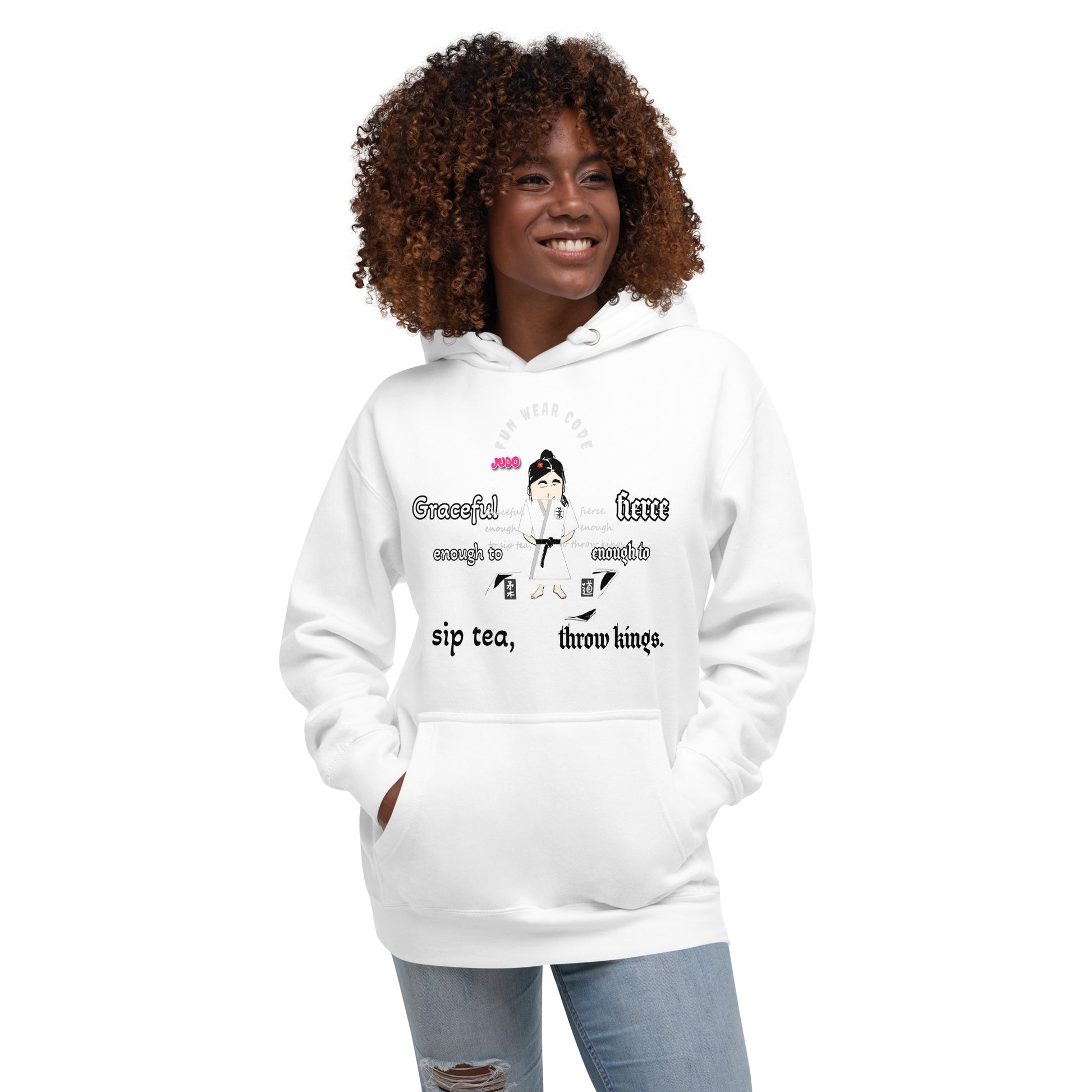 Woman wearing a white 'Fun Wear Code' branded hoodie with text and a playful female judo player graphics on a white background