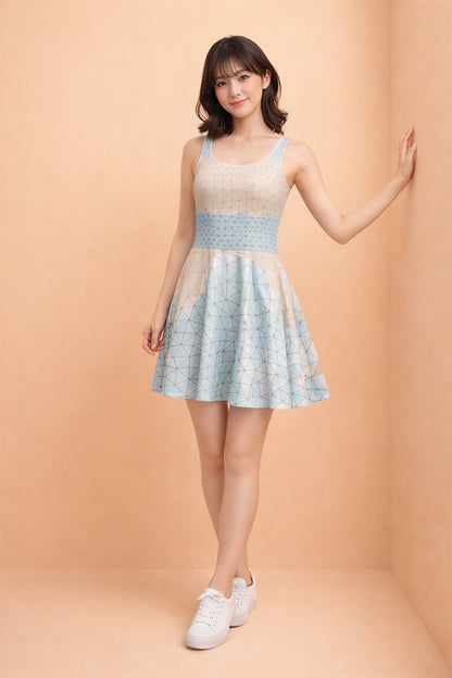 Woman wearing a light blue and beige dress against a peach background