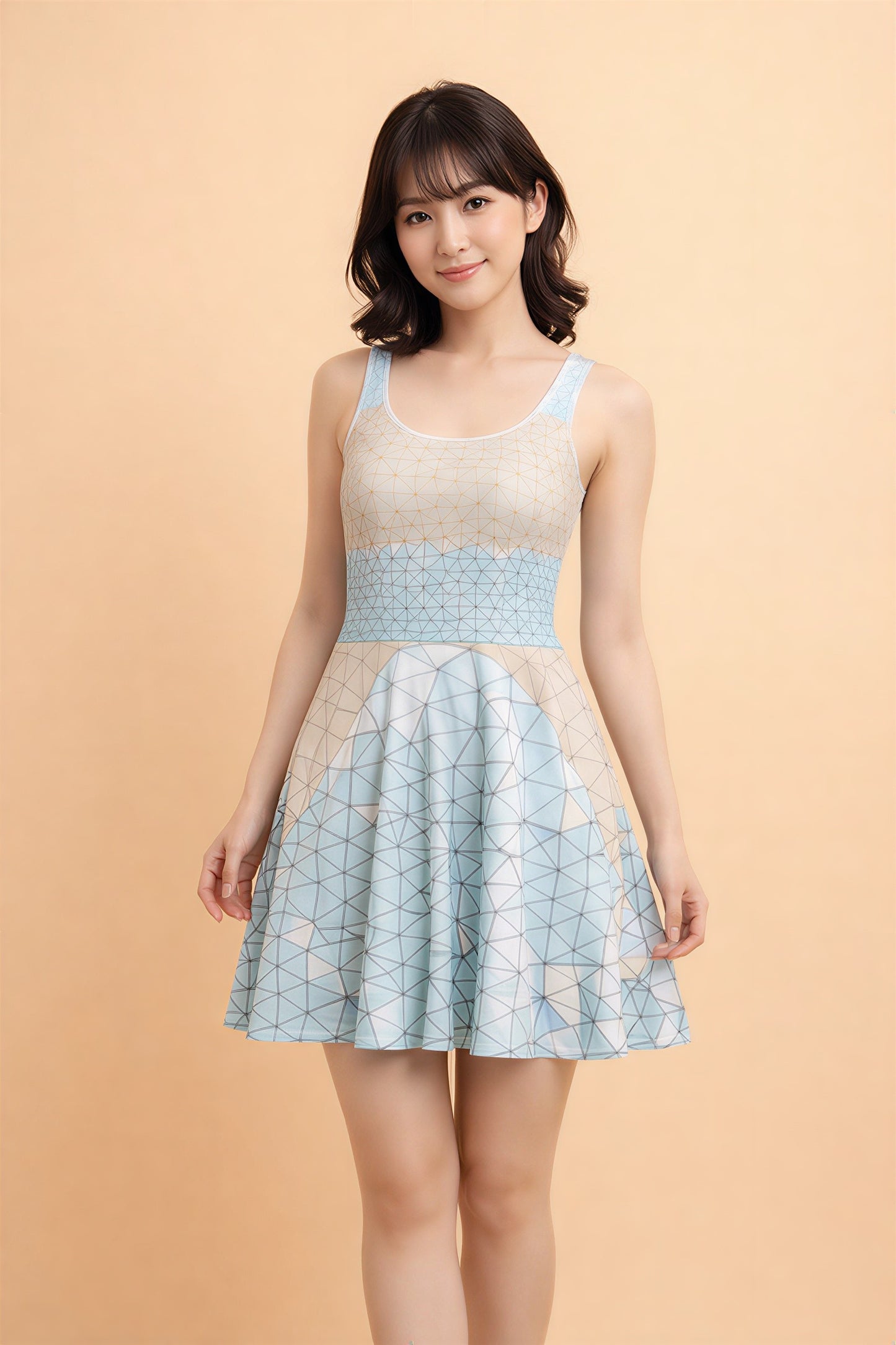 Woman wearing a sleeveless dress with geometric pattern on a beige background