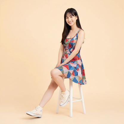 Woman wearing a colorful geometric dress sitting on a stool against a beige background