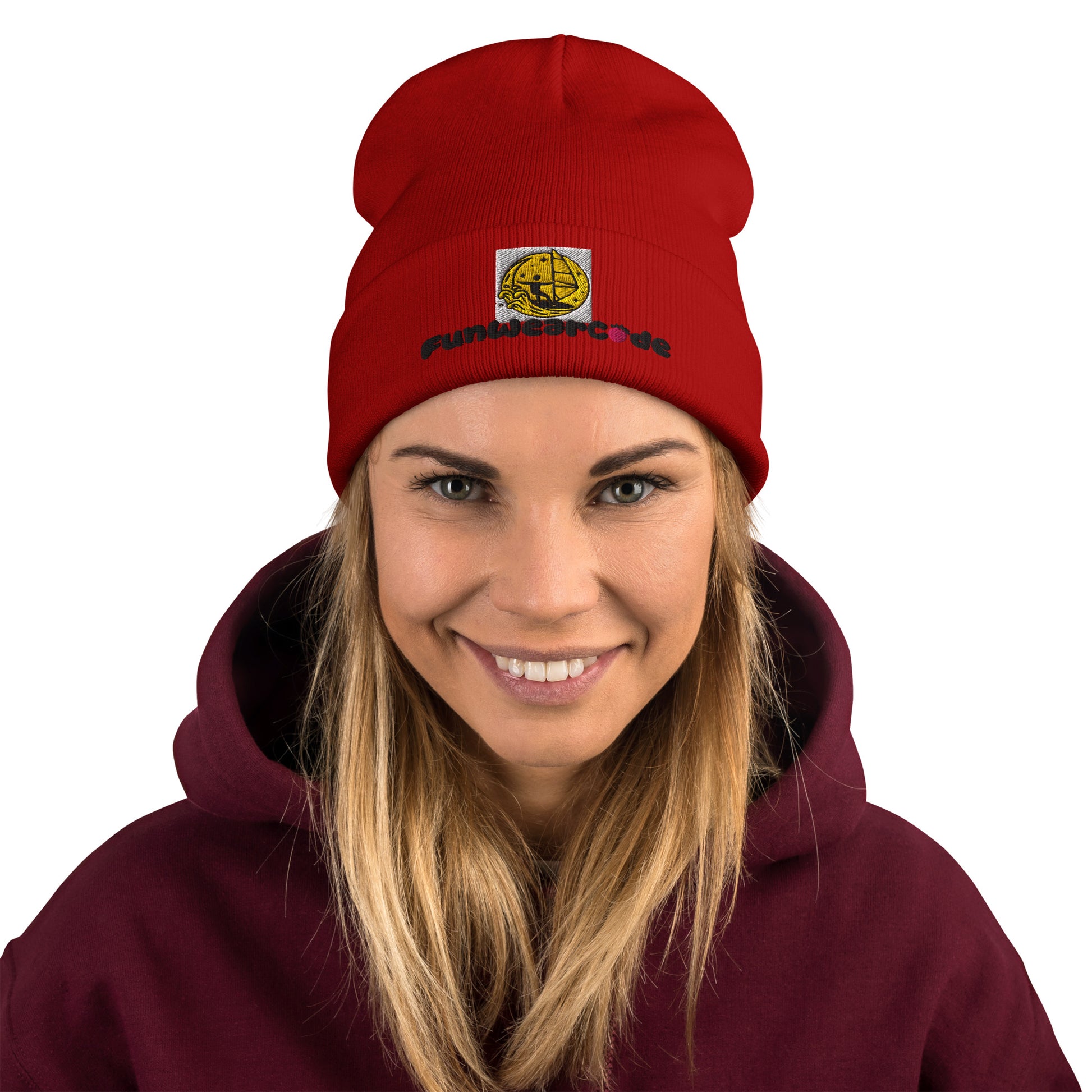 Person wearing a red beanie with a "FunWearCode" logo and a maroon hoodie on a white background
