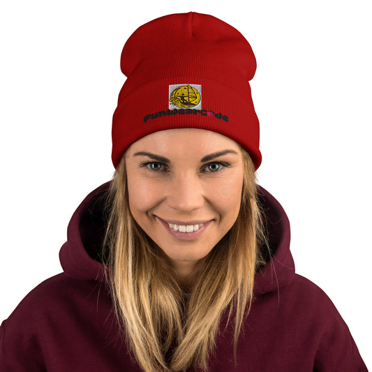Person wearing a red beanie with a "FunWearCode" logo and a maroon hoodie on a white background