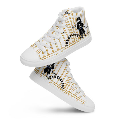 White high-top sneakers with a ninja graphic and 'Fun Wear Code' text logo, and with gold accents and black graphics on a white background