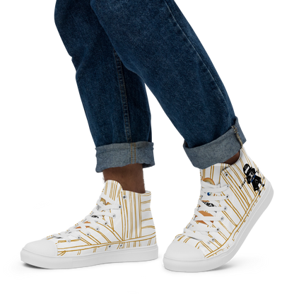 White yellow stripe high-top  sneakers with a playful ninja graphic design and white laces, featuring a text 'Last ninja' worn with blue jeans on a white background