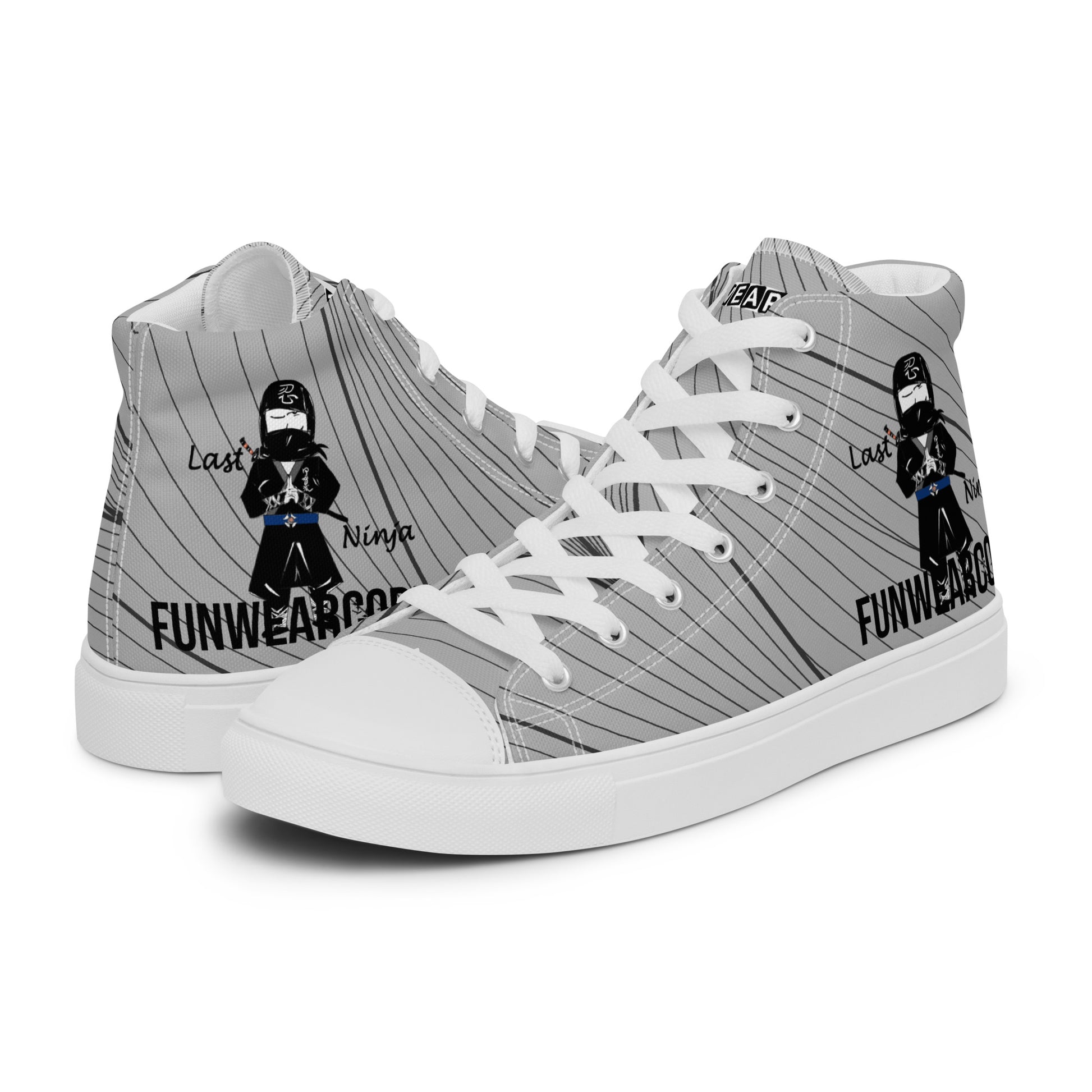 High-top sneakers with a ninja graphic and 'Fun Wear Code' text logo on a white background
