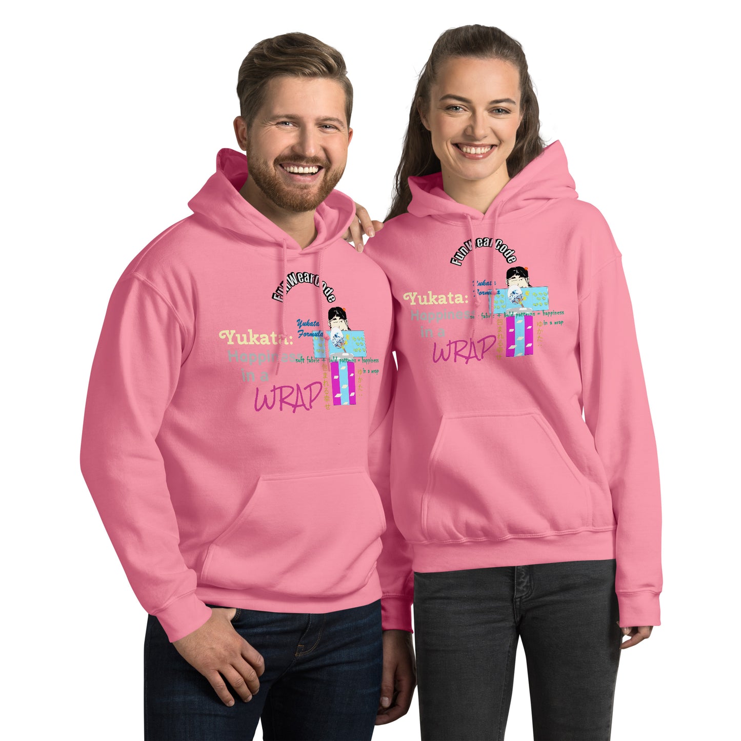 Two people wearing pink 'Fun Wear Code' branded hoodies with a yukata graphic design on a white background