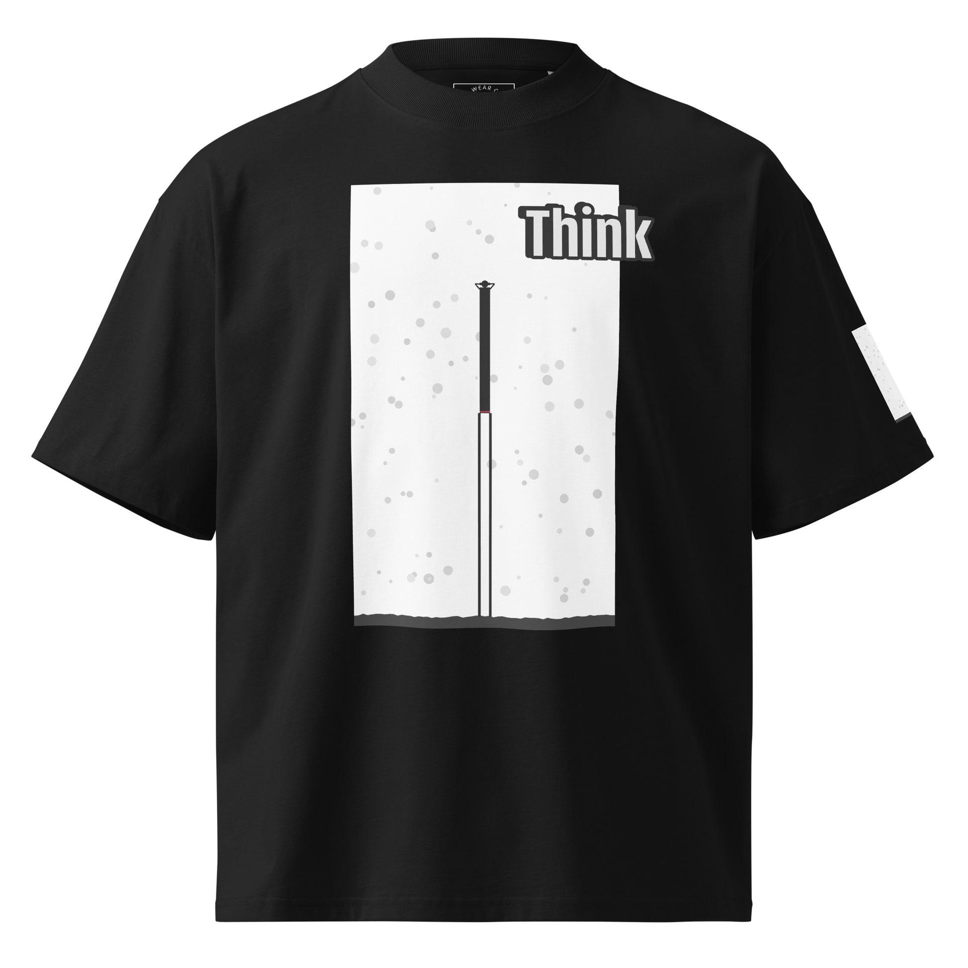 Black t-shirt with an abstract long-leg human graphic and 'Think' text on a white background