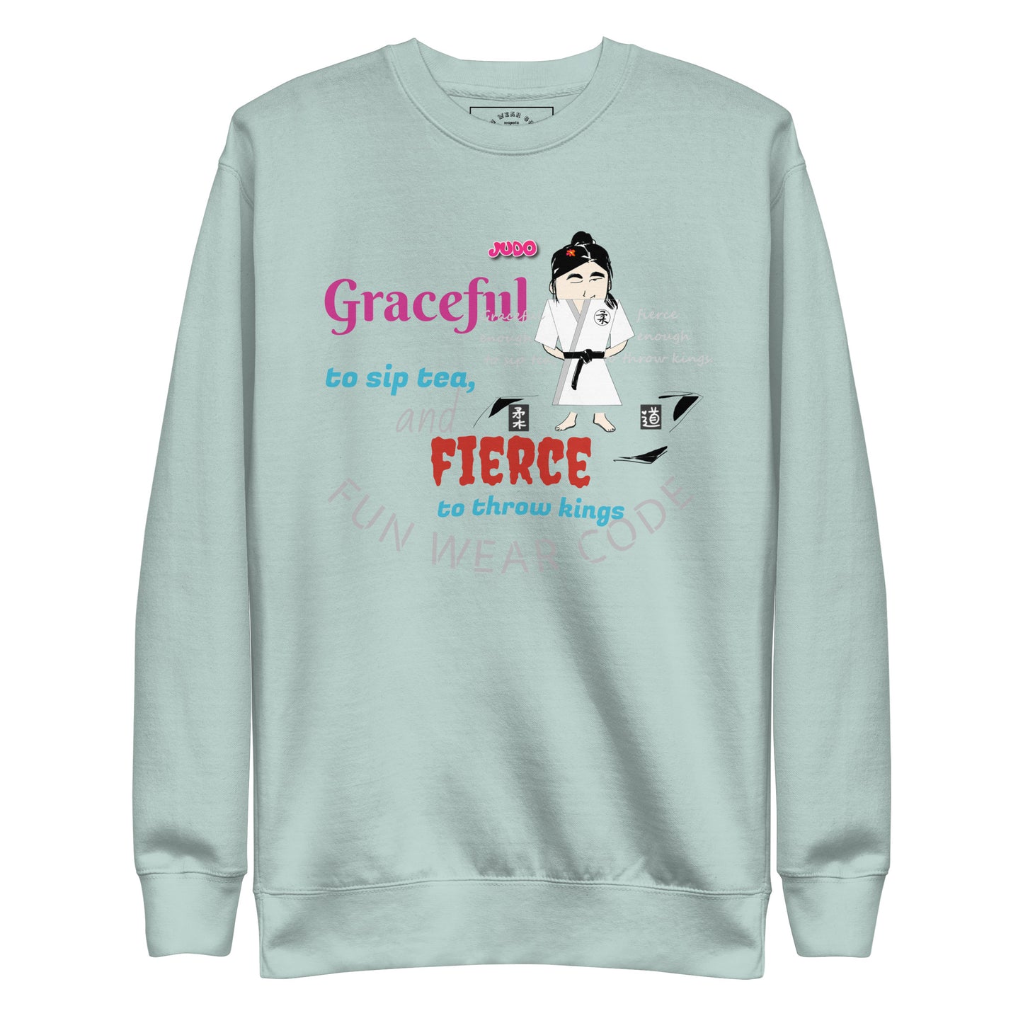 Light blue sweatshirt with a judo lady graphic design and 'Fun Wear Code' text logo on a white background