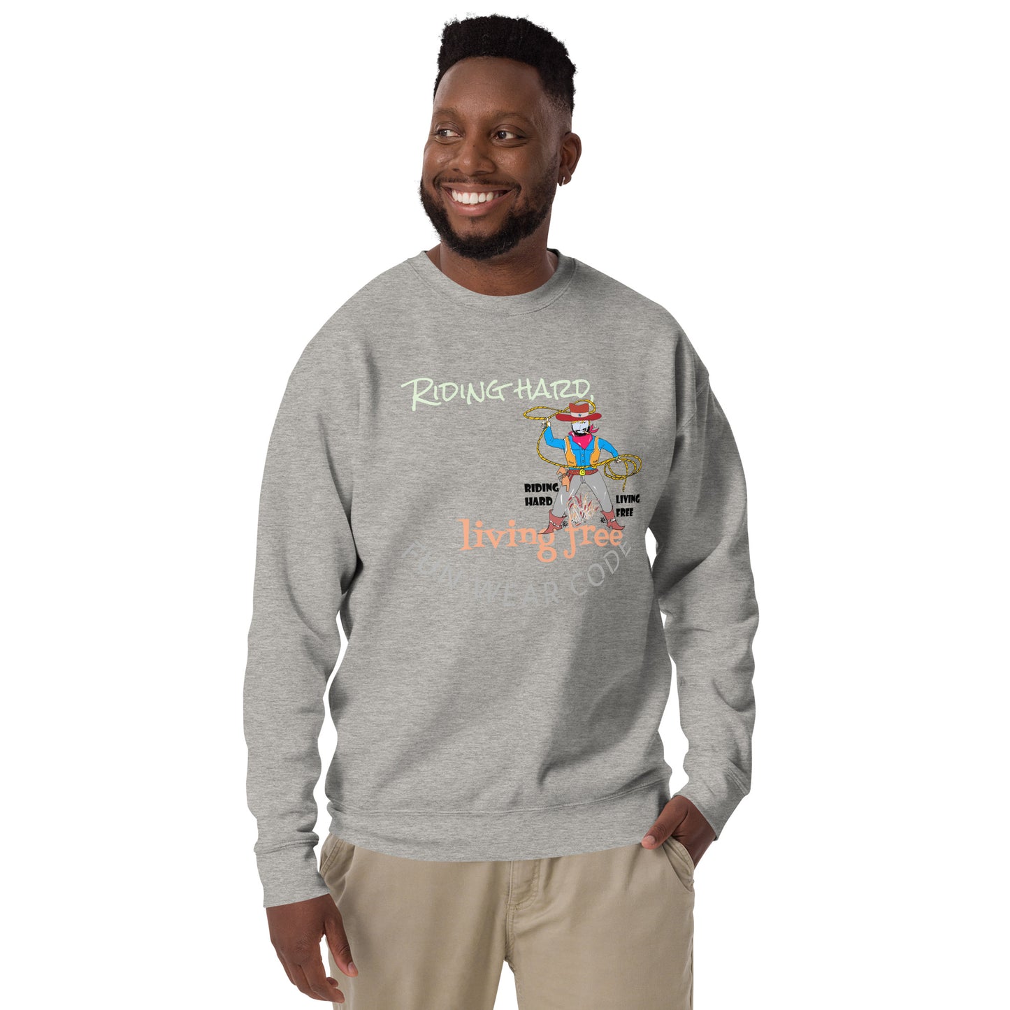 Man wearing a gray 'Fun Wear Code' branded sweatshirt with a cowboy graphic design on a white background