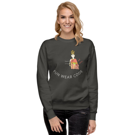 Woman wearing a black sweatshirt with a Thai lady graphic design and text 'FUN WEAR CODE' on a white background