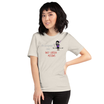 Person wearing a t-shirt with text and a playful lady ninja graphic design on a white background