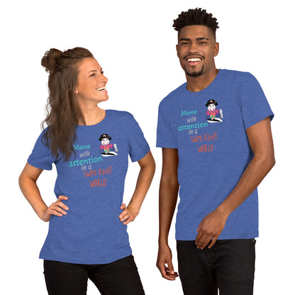 Two people wearing blue t-shirts with a playful geisha graphic and text on a white background
