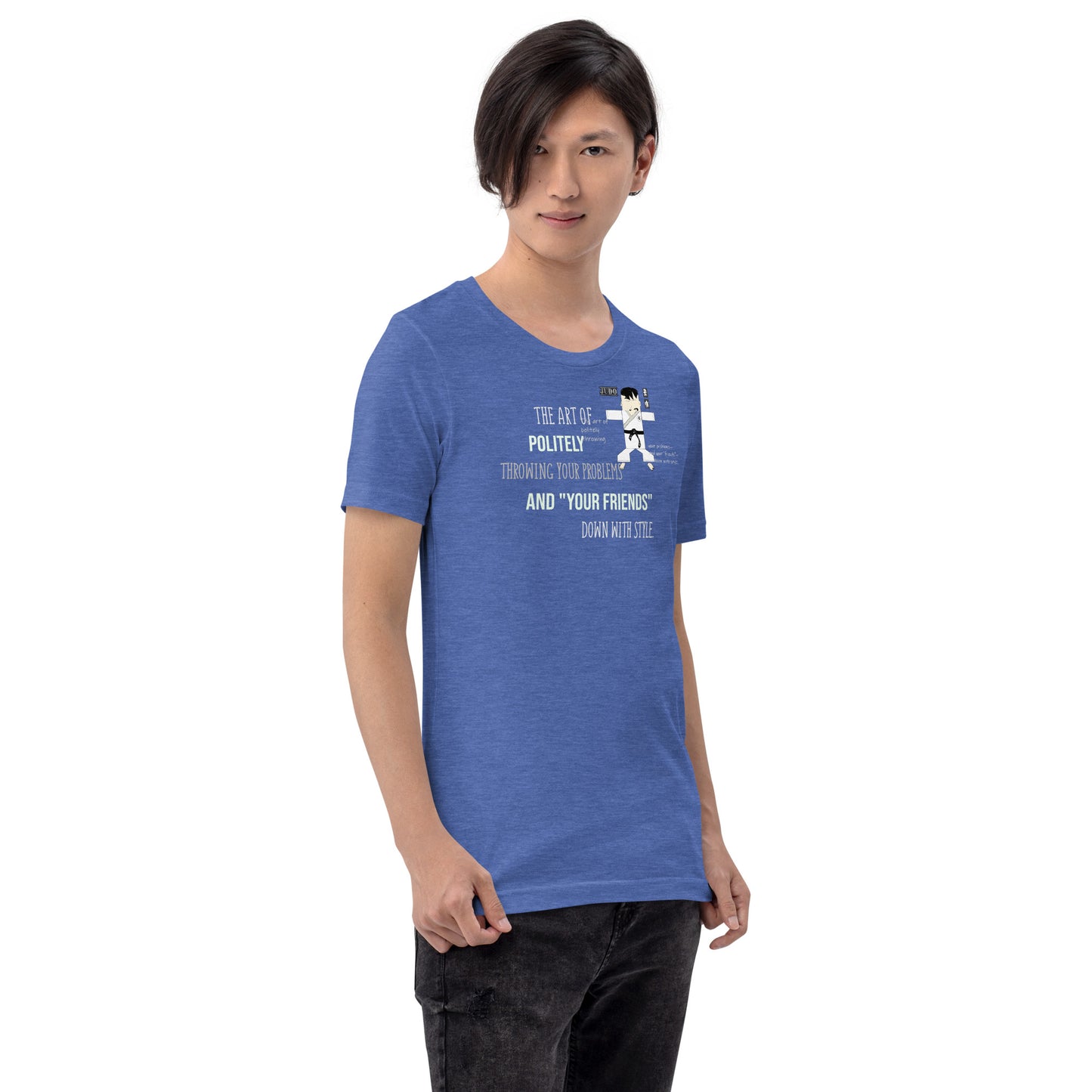 Person wearing a blue t-shirt with text and a playful judo graphic on a white background