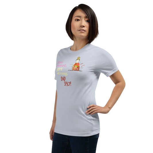 Woman wearing a white t-shirt with colorful texts and a Thai lady graphic design on a white background