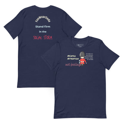 Navy blue t-shirt with text and a playful guardsman graphic together with a 'Fun Wear Code' text logo on a white background