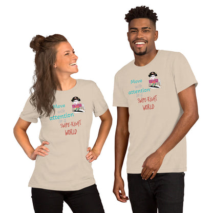 Two people wearing matching t-shirts with a playful geisha graphic and text on a white background