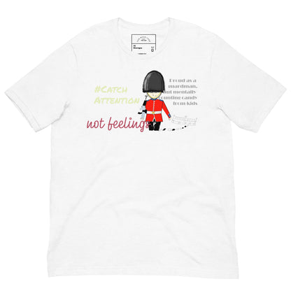 White t-shirt with a playful guardsman graphic together with a 'Fun Wear Code' inner label and text on a white background