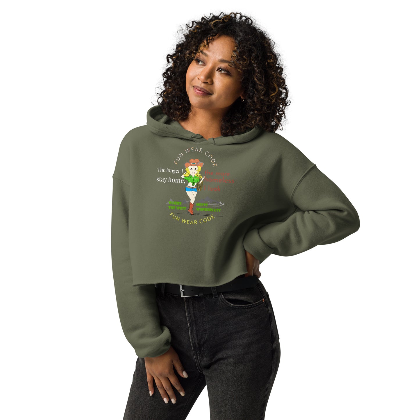 Woman wearing a 'Fun Wear Code' branded green hoodie with a cowgirl graphic design on a white background