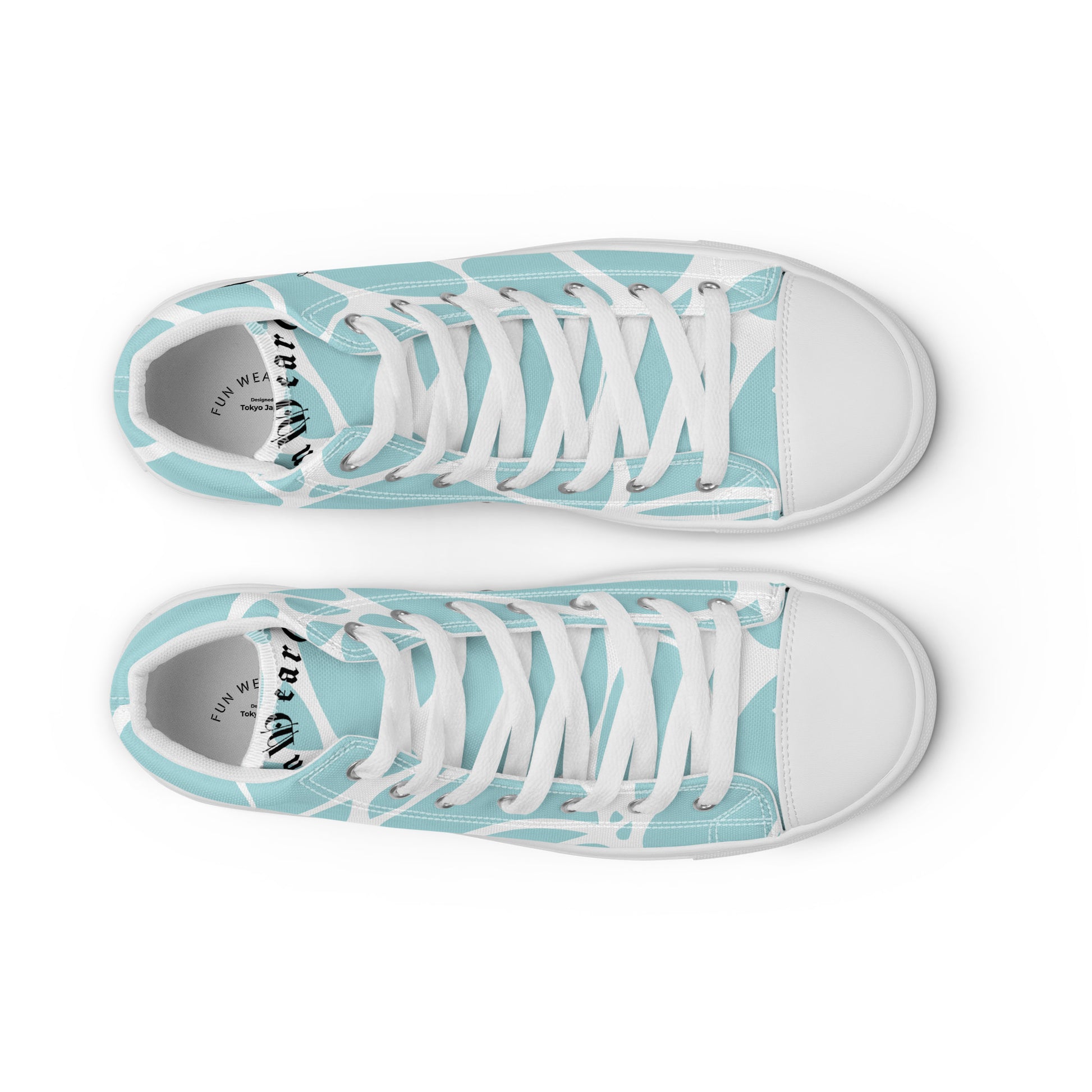Pair of light blue sneakers with white laces on a white background