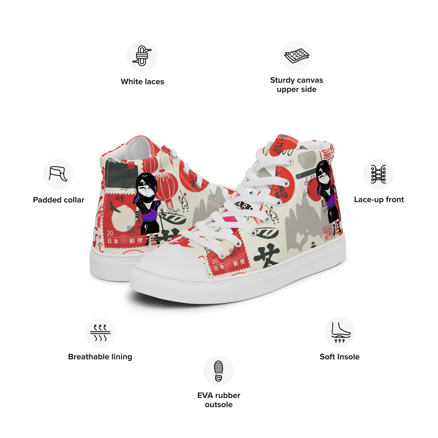 Colorful high-top sneakers with a lady ninja and the other Japanese iconic graphic design on a white background, featuring text labels 'Funwearcode'.