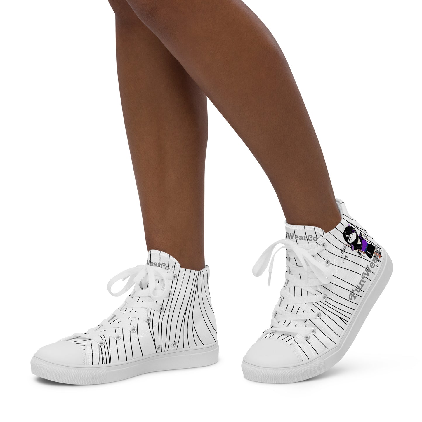 White high-top sneakers with black patterns, and with a ninja graphic and 'Fun Wear Code' text logo worn by a person on a white background