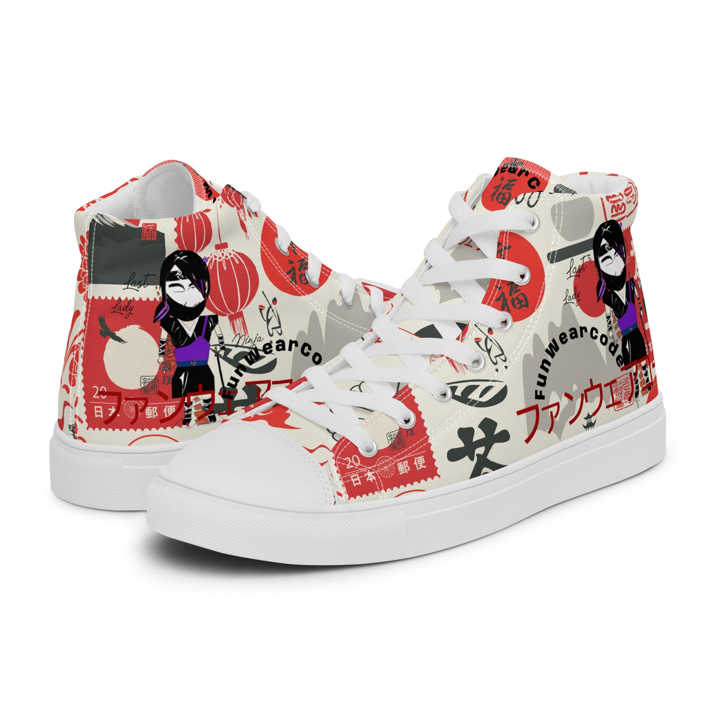 High top sneakers with colorful Japanese elements graphic design, and with a ninja graphic and 'Fun Wear Code' text logo on a white background