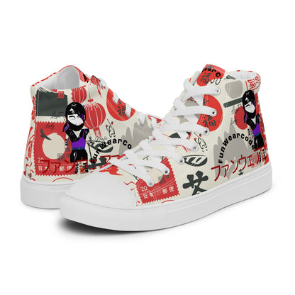High top sneakers with colorful Japanese elements graphic design, and with a ninja graphic and 'Fun Wear Code' text logo on a white background
