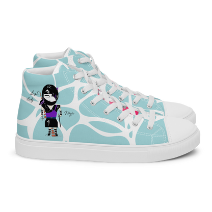 High-top sneakers with a lady ninja graphic design, featuring text 'Last lady ninja' on a light blue patterned background