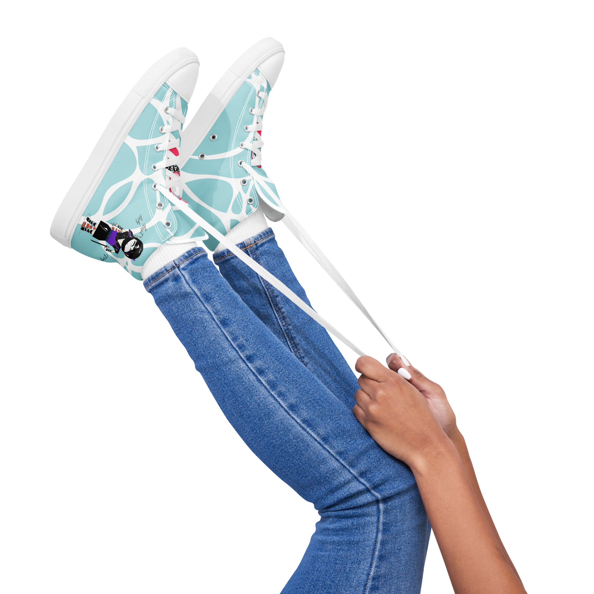 Person wearing light blue high-top sneakers with a lady ninja graphic design on a white background, featuring text 'Last lady ninja'.