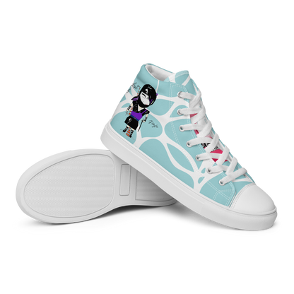 Light blue high-top sneakers with a lady ninja graphic design, featuring text 'Last lady ninja' with white laces and a white sole on a white background
